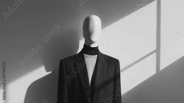 Fototapeta Mannequin dressed in a sleek, monochrome ensemble, posed against a minimalist backdrop, highlighting the intricate details and textures of high fashion