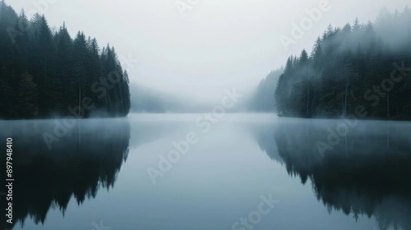 Fototapeta Mystical wilderness scene with a tranquil lake surrounded by towering pines, shrouded in early morning fog, the water reflecting the ethereal sky