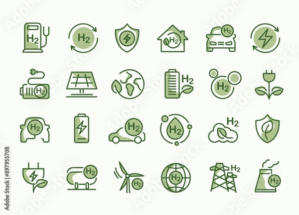Fototapeta H2 icons, H2 symbol. green hydrogen production. renewable energy source. ecological energy and alternative energy in the future. global warming, chemistry sign. vector desig