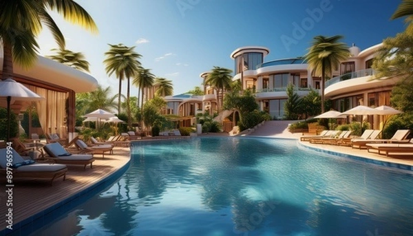 Obraz 夏のリゾートホテルとプールサイド
