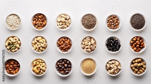 Fototapeta Detailed flat lay of assorted nuts and seeds in small bowls, minimalist style
