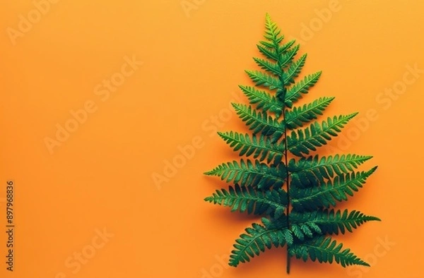 Obraz Single Green Fern Leaf on Orange Background Symbolizing Growth and Nature. Clean and Minimalistic Design for Product Packaging or Branding Materials.