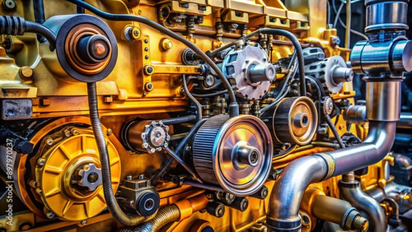 Obraz Close-up of a diesel engine's internal mechanisms, with various tools and machinery surrounding it, highlighting the complex inner workings of industrial machinery.