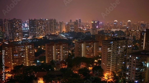Obraz The night view of the urban skyline blends high-rise and low rise buildings, showcasing architectural diversity and urban beauty.