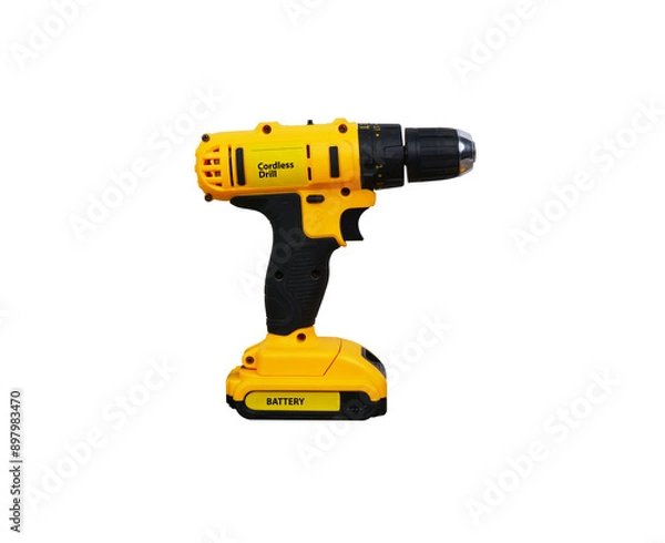 Fototapeta Yellow electric cordless drill isolated with battery , Mechanic tools concept