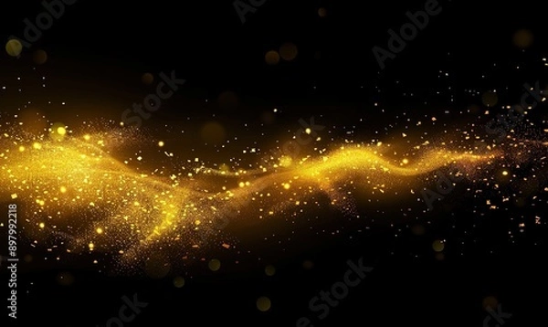 Fototapeta Glowing golden particles on a black background in the style of a glitter effect, glowing light dots bokeh, abstract flare and star dust in space. An abstract dark background with yellow lights 