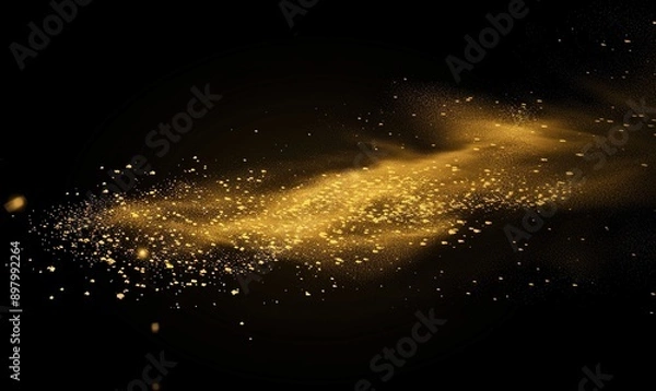 Fototapeta Glowing golden particles on a black background in the style of a glitter effect, glowing light dots bokeh, abstract flare and star dust in space. An abstract dark background with yellow lights 