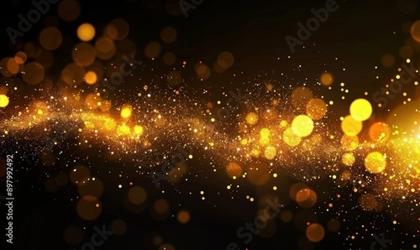 Fototapeta Glowing golden particles on a black background in the style of a glitter effect, glowing light dots bokeh, abstract flare and star dust in space. An abstract dark background with yellow lights 