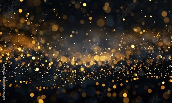 Fototapeta Glowing golden particles on a black background in the style of a glitter effect, glowing light dots bokeh, abstract flare and star dust in space. An abstract dark background with yellow lights 