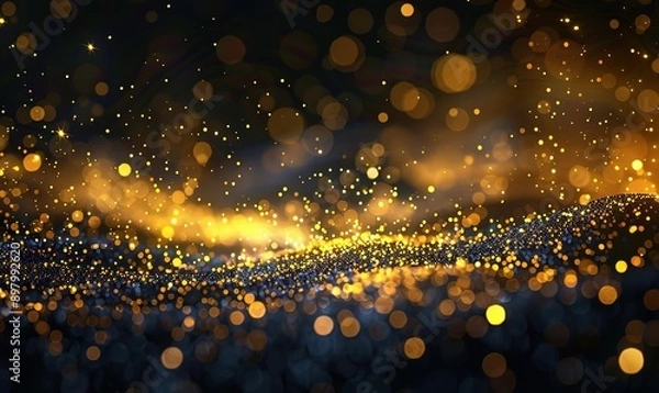 Fototapeta Glowing golden particles on a black background in the style of a glitter effect, glowing light dots bokeh, abstract flare and star dust in space. An abstract dark background with yellow lights 