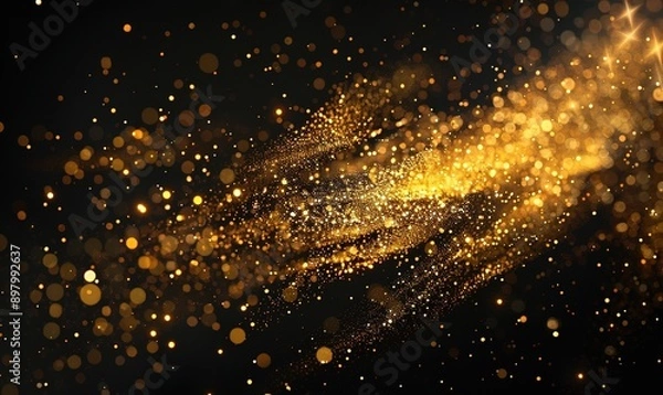 Fototapeta Glowing golden particles on a black background in the style of a glitter effect, glowing light dots bokeh, abstract flare and star dust in space. An abstract dark background with yellow lights 