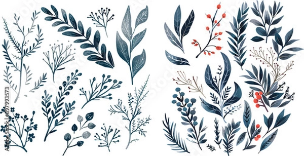 Fototapeta A beautiful collection of watercolor botanical illustrations featuring various leaves, branches, and berries in soft hues of blue, green, and red. This set showcases intricate details and elegant