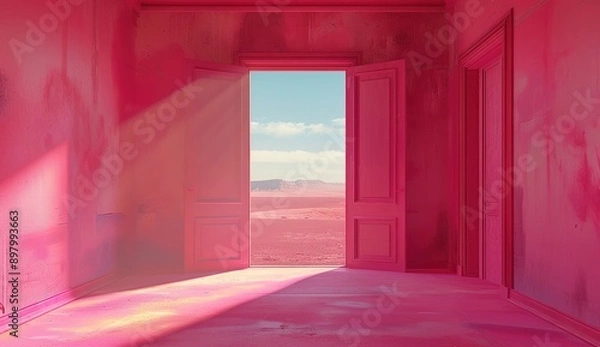 Fototapeta A pink room with an open door and light coming in, the wall is painted in shades of pink, minimalistic, with photorealism in the style of octane render, volumetric lighting, cinematic, ultra realistic