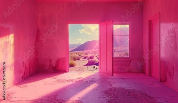 Fototapeta A pink room with an open door and light coming in, the wall is painted in shades of pink, minimalistic, with photorealism in the style of octane render, volumetric lighting, cinematic, ultra realistic