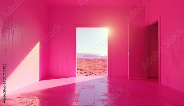 Fototapeta A pink room with an open door and light coming in, the wall is painted in shades of pink, minimalistic, with photorealism in the style of octane render, volumetric lighting, cinematic, ultra realistic