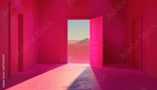 Fototapeta A pink room with an open door and light coming in, the wall is painted in shades of pink, minimalistic, with photorealism in the style of octane render, volumetric lighting, cinematic, ultra realistic
