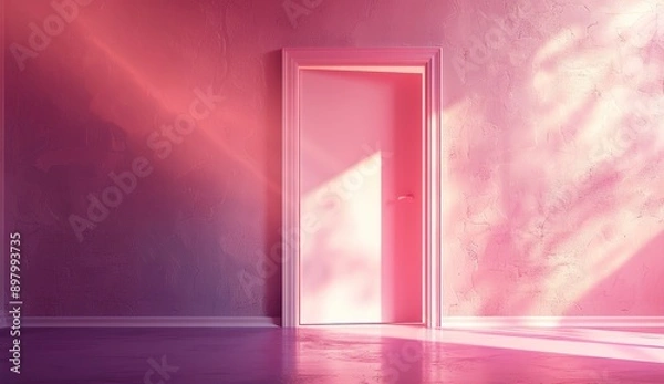 Fototapeta A pink room with an open door and light coming in, the wall is painted in shades of pink, minimalistic, with photorealism in the style of octane render, volumetric lighting, cinematic, ultra realistic