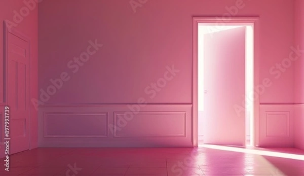 Fototapeta A pink room with an open door and light coming in, the wall is painted in shades of pink, minimalistic, with photorealism in the style of octane render, volumetric lighting, cinematic, ultra realistic