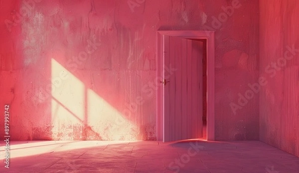 Fototapeta A pink room with an open door and light coming in, the wall is painted in shades of pink, minimalistic, with photorealism in the style of octane render, volumetric lighting, cinematic, ultra realistic
