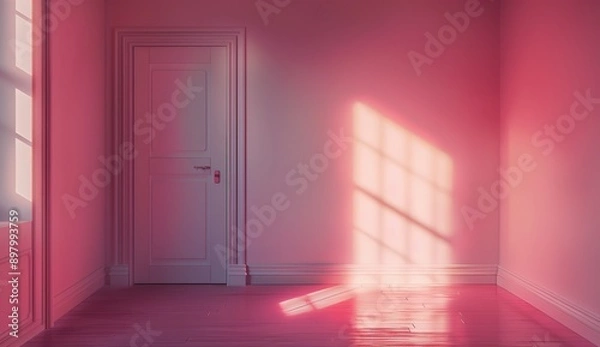 Fototapeta A pink room with an open door and light coming in, the wall is painted in shades of pink, minimalistic, with photorealism in the style of octane render, volumetric lighting, cinematic, ultra realistic