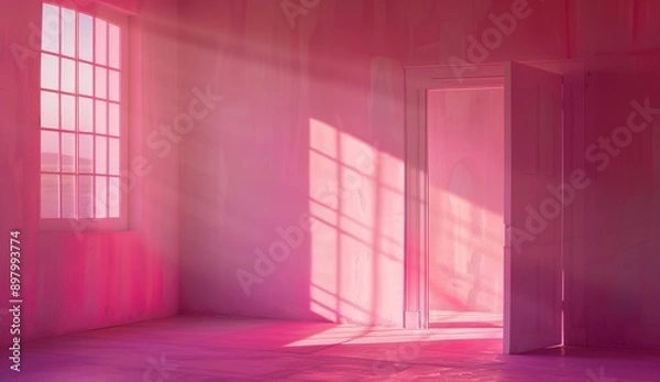 Fototapeta A pink room with an open door and light coming in, the wall is painted in shades of pink, minimalistic, with photorealism in the style of octane render, volumetric lighting, cinematic, ultra realistic