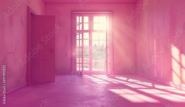 Fototapeta A pink room with an open door and light coming in, the wall is painted in shades of pink, minimalistic, with photorealism in the style of octane render, volumetric lighting, cinematic, ultra realistic