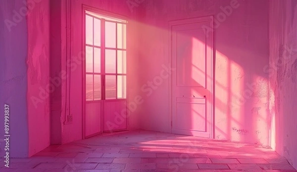 Fototapeta A pink room with an open door and light coming in, the wall is painted in shades of pink, minimalistic, with photorealism in the style of octane render, volumetric lighting, cinematic, ultra realistic