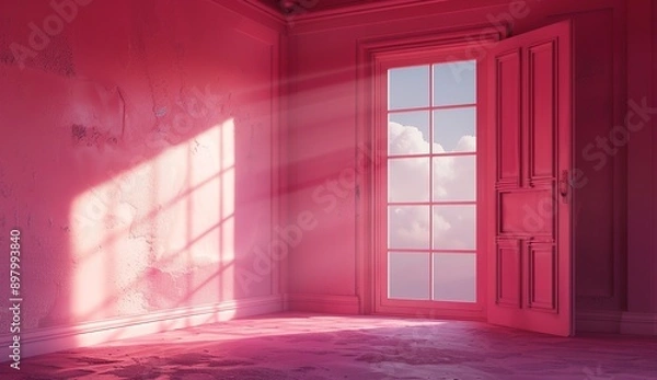 Fototapeta A pink room with an open door and light coming in, the wall is painted in shades of pink, minimalistic, with photorealism in the style of octane render, volumetric lighting, cinematic, ultra realistic