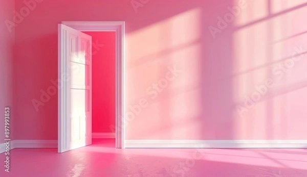Fototapeta A pink room with an open door and light coming in, the wall is painted in shades of pink, minimalistic, with photorealism in the style of octane render, volumetric lighting, cinematic, ultra realistic