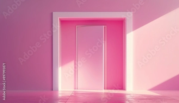 Fototapeta A pink room with an open door and light coming in, the wall is painted in shades of pink, minimalistic, with photorealism in the style of octane render, volumetric lighting, cinematic, ultra realistic