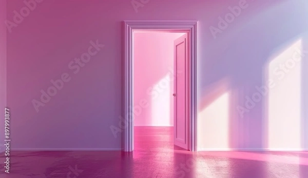 Fototapeta A pink room with an open door and light coming in, the wall is painted in shades of pink, minimalistic, with photorealism in the style of octane render, volumetric lighting, cinematic, ultra realistic