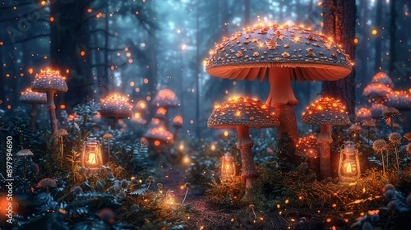 Fototapeta Mystical glowing mushrooms in enchanted forest - generative ai