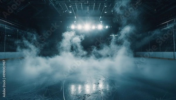 Obraz High-Resolution Ice Hockey Rink with Dark Background, Smoke, Fog, and Stadium Lights, Captured in Wide Angle for High Detail and Quality