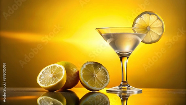 Fototapeta Freshly squeezed lemon slice garnish floats in a chilled martini glass filled with crystal clear cocktail, set against a bright and sunny yellow background.