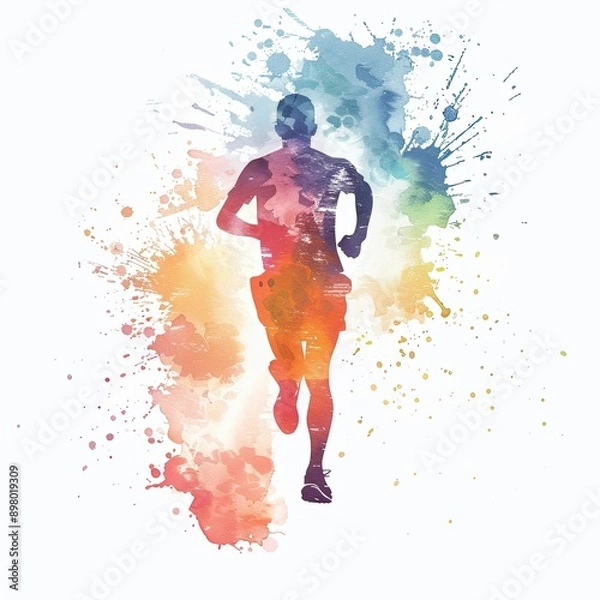 Fototapeta An artistic illustration of a runner, painted in a vibrant watercolor style with energetic splashes of color that convey movement and excitement on a white background.