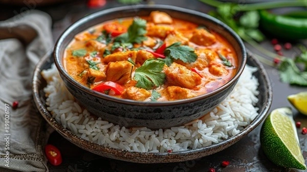 Fototapeta Bowl of spicy curry on rice with herbs, a classic and tasty dish. The colors are vibrant and the presentation is appetizing, inviting users to explore the recipe