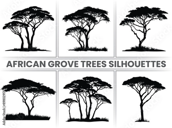 Obraz African Tree Silhouettes Bundle: Baobab and Acacia Forest Family Trees Clipart Isolated. Elements for Your Design Works. Vector Illustration.