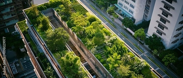Fototapeta Soothing image of a green rooftop garden in an urban setting, exemplifying sustainable city living