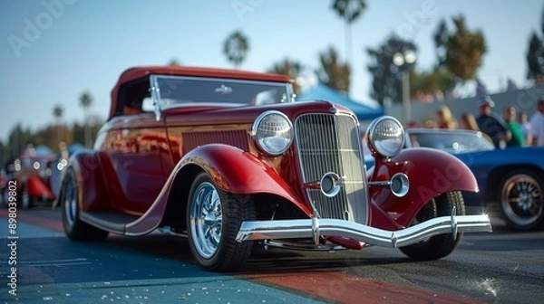 Fototapeta A line of vintage cars in different colors sits on a lawn. The cars are tightly packed and gleaming