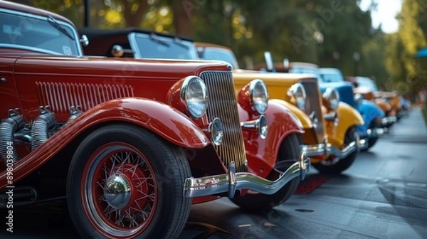 Fototapeta A line of vintage cars in different colors sits on a lawn. The cars are tightly packed and gleaming