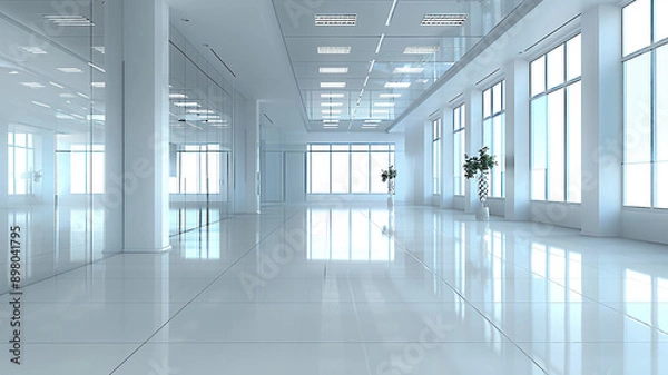 Fototapeta High-resolution 3D depiction of a blank business hall, showcasing an unoccupied office setting,
