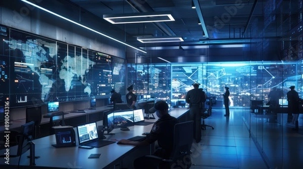 Obraz advanced crime prevention center where law enforcement officers use big data analytics to predict and prevent criminal activities