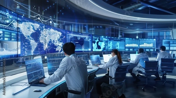 Obraz advanced data analysis lab where data scientists work on large-scale simulations and predictive modeling on curved displays