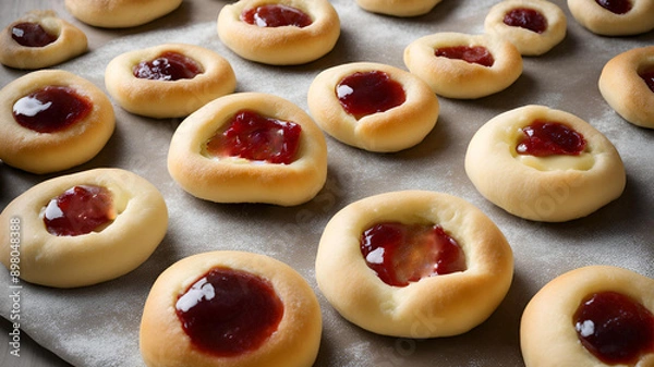 Fototapeta Czech kolache with raspberry is a traditional pastry featuring a soft, sweet dough filled with tangy raspberry, perfect for breakfast, dessert, or a delightful snack.