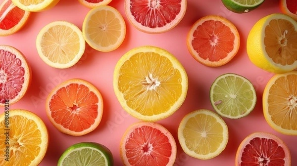 Fototapeta Various citrus fruits on pink background,Creative background made of summer tropical fruits with grapefruit,orange,lemon,lime,Different citrus fruits and leavesFlat lay,top view,copy space.