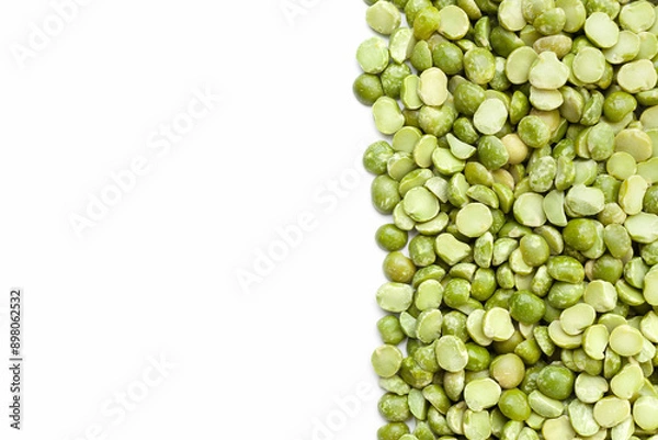 Fototapeta Uncooked, green peas border on white background. Copy space for text. Top view