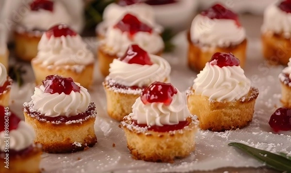 Fototapeta small cakes with cream and jam spread, Generative AI