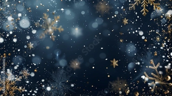 Fototapeta Festive Winter Snowflakes and Glitter with Bokeh Lights on Dark Background