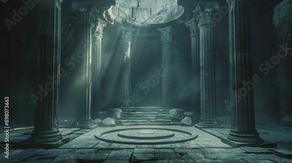 Fototapeta Sunbeams illuminate the interior of an ancient temple casting ethereal light on the stone
