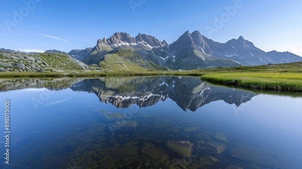 Fototapeta Tranquil Alpine Bliss: Serene Lake with Mountain Reflections in Early Morning Panoramic View